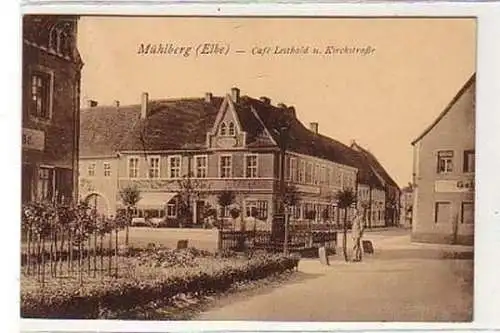 37488 Ak Mühlberg Café Leithold und Kirchstraße 1927