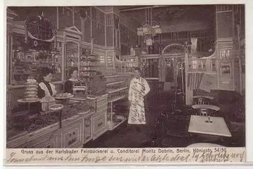 58463 Ak Gruß aus der Karlsbader Feinbäckerei & Conditorei Berlin Königstr. 1913