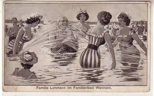 55298 Humor Ak Familie Lehmann im Familienbad Wannsee um 1910