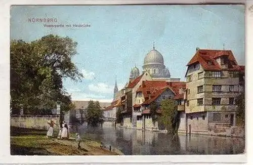 59458 Ak Nürnberg Wasserpartie mit Heubrücke und Synagoge um 1910