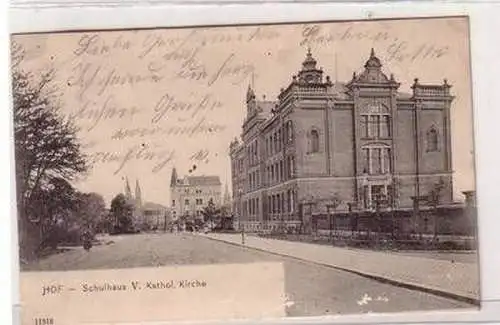 44224 Ak Hof Schulhaus und katholische Kirche 1911