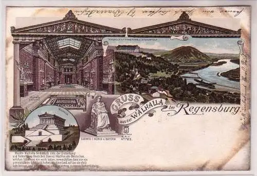 68336 Ak Lithographie Gruß aus der Walhalla bei Regensburg um 1900