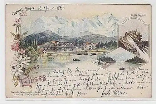 64803 Ak Lithographie Gruß vom Eibsee Gasthof, Zugspitzgipfel 1896