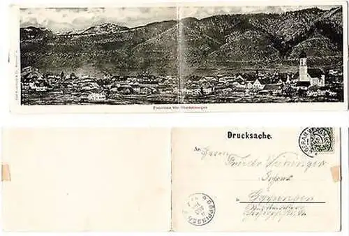 64887 Doppel Klapp Ak Panorama von Oberammergau 1900