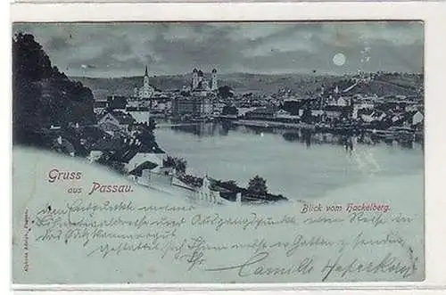 61916 Mondscheinkarte Gruß aus Passau Blick vom Hackelberg 1899