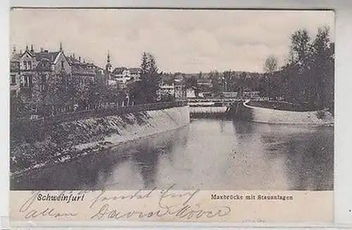 35591 Ak Schweinfurt Maxbrücke mit Stauanlagen 1906