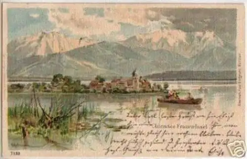 12486 Lithografie Chiemsee Frauen-Insel 1899