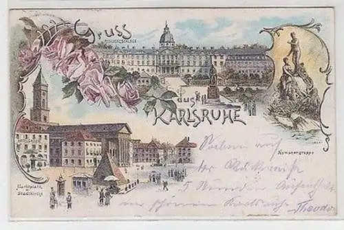 64229 Ak Lithografie Gruss aus Karlsruhe Schloss / Markt mit Stadtkirche 1897