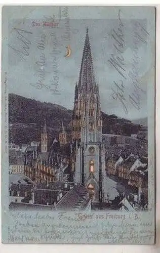 59959 Mondscheinkarte Gruß aus Freiburg im Breisgau das Münster 1901