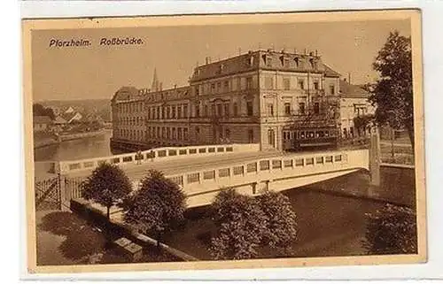 61923 Ak Pforzheim Roßbrücke mit Strassenbahn 1914