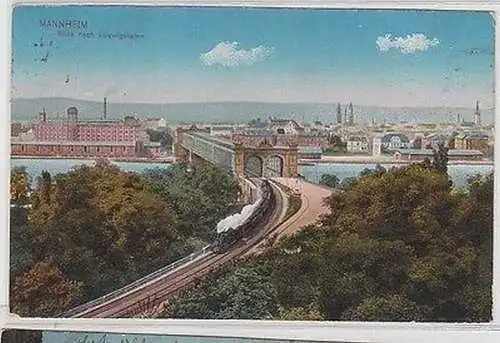 62081 Ak Mannheim Blick nach Ludwigshafen mit Eisenbahn 1915