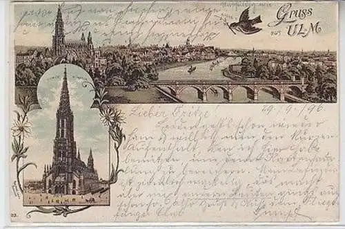 62771 Ak Lithographie Gruss aus Ulm Totalansicht, Ulmer Münster 1896