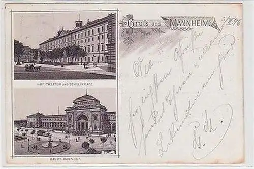 64121 Ak Gruss aus Mannheim Hof-Theater und Schillerplatz / Hauptbahnhof 1896