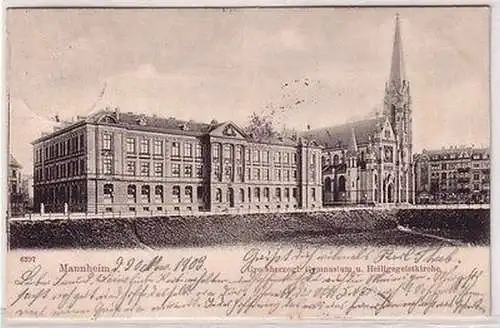 66896 Ak Mannheim großherzogliches Gymnasium und Heiligegeistkirche 1903