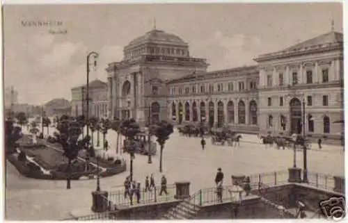 13576 Ak Mannheim Bahnhof mit Straßenbahn um 1910