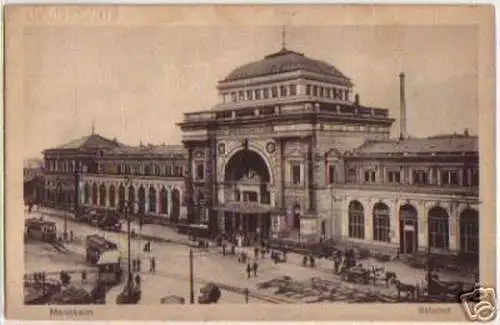 10168 Ak Mannheim Bahnhof mit Straßenbahn Feldpost 1918