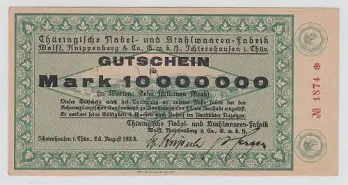 10 Millionen Mark Banknote Inflation Thüringische Nadelfabrik Ichtershausen 1923