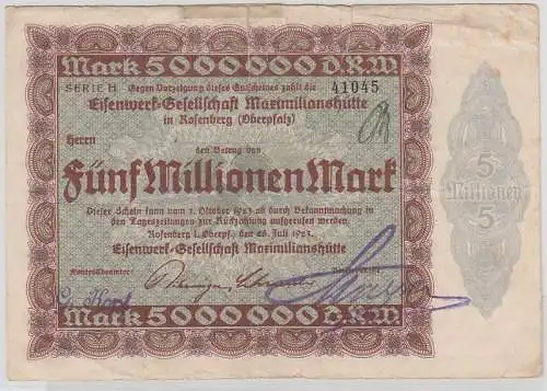 5 Million Mark Banknote Inflation Eisenwerk in Rosenberg (Oberpfalz) 1923