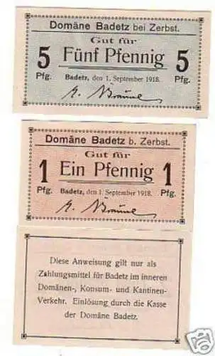 3 Banknoten Notgeld Domäne Badetz bei Zerbst 1918