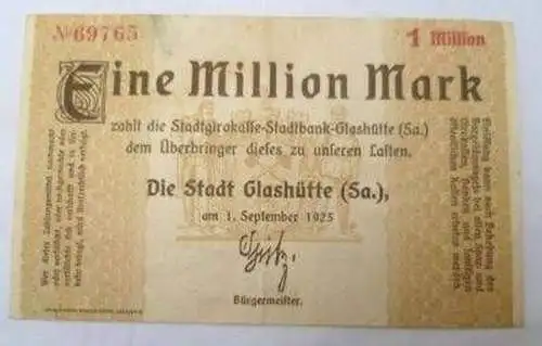 Banknote Inflation Stadt Glashütte 1 Million Mark 1923