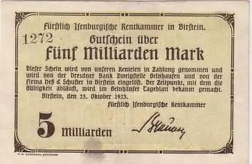 Banknote Inflation 5 Milliarden Mark Birstein 1923