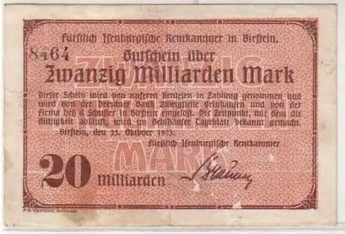 Banknote Inflation 20 Milliarden Mark Birstein 1923