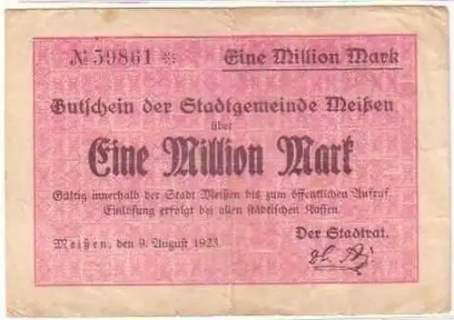 Banknote Inflation 1 Million Mark Meißen 9.08.1923