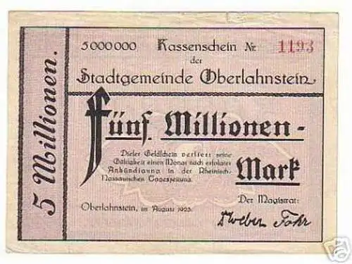 seltene Banknote Inflation 5 Millionen Oberlahnstein