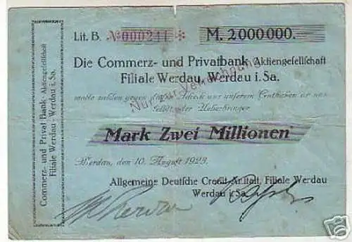 seltene Banknote Inflation 2 Millionen Mark 1923 Werdau