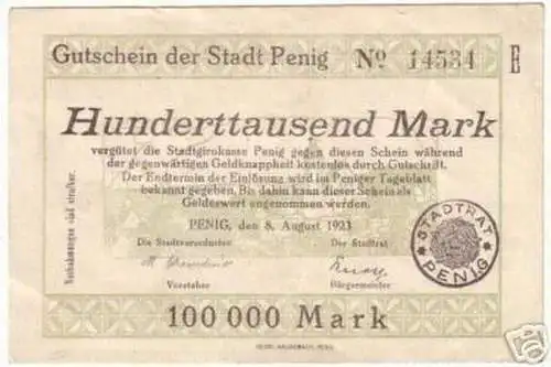 seltene Banknote Inflation 100000 Mark Stadt Penig 1923