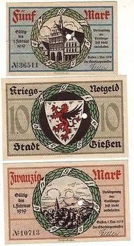 3 Banknoten 5, 10 und 20 Mark Großnotgeld der Stadt Giessen 1918