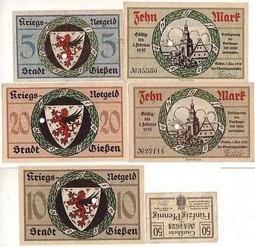 6 Banknoten Großnotgeld der Stadt Giessen 1918