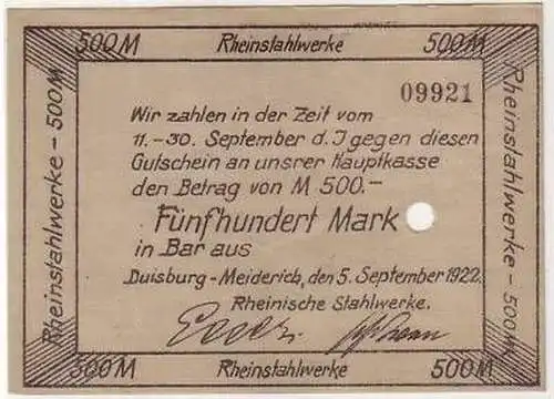 Banknote 500 M. Duisburg Meiderich Rheinstahlwerke 1922