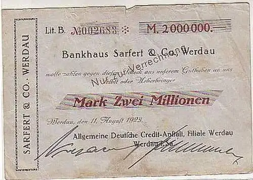 seltene Banknote Inflation Sarfert & Co. Werdau 1923