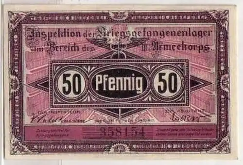 Banknote 50 Pf. Gefangenen Lager Cüstrin 1. Weltkrieg