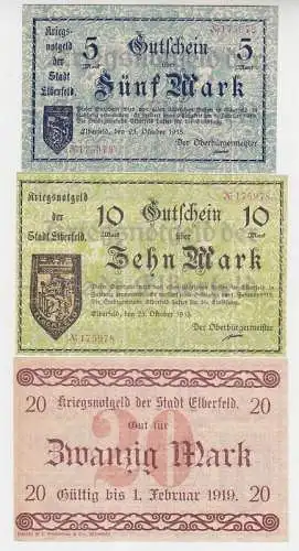 kompl. Serie 3 Banknoten Kriegsnotgeld der Stadt Elberfeld 1918