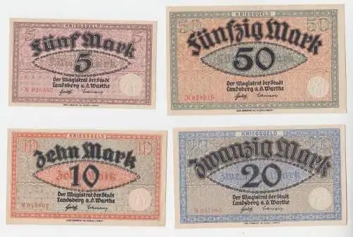 4 Banknoten 5, 10, 20 und 50 Mark Groß-Notgeld Stadt Landsberg an der Warthe