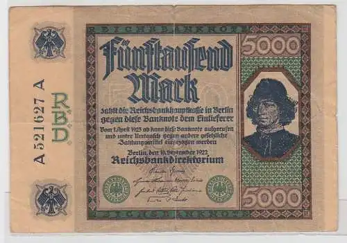 5000 Mark Reichsbanknote 16.09.1922, Rosenberg Nr.76 Erhaltung III