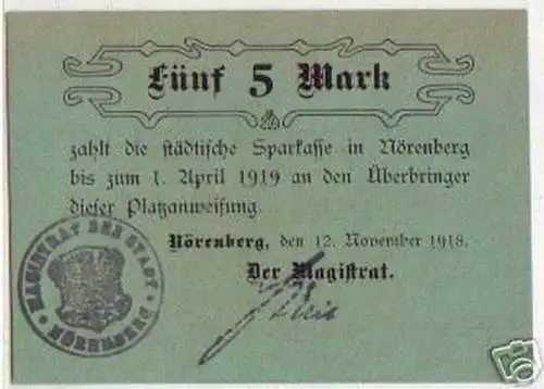 5 Mark Banknote Notgeld Stadt Nörenberg 1918