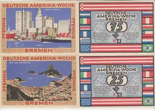 4 Banknoten Notgeld Bremen Deutsche Amerika Woche 1923