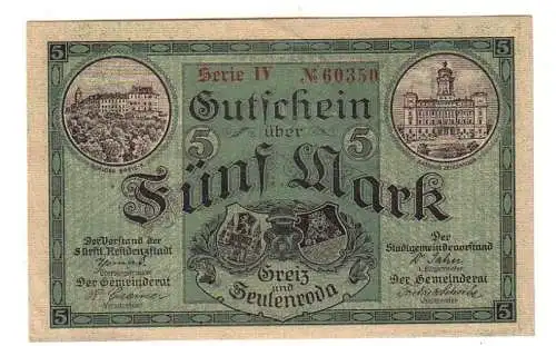 5 Mark Banknote Groß-Notgeld der Städte Greiz Zeulenroda 1918