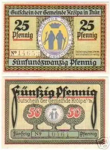 2 Banknoten Notgeld der Stadt Krölpa 1921