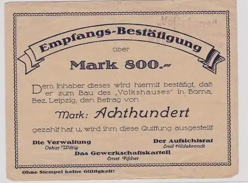 800 Mark Banknote Inflation Notgeld zum Bau des Volkshauses Borna (145307)