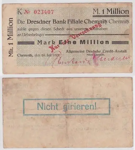 1 Million Mark Banknote Chemnitz Dresdner Bank 26.Juli 1923 (142860)