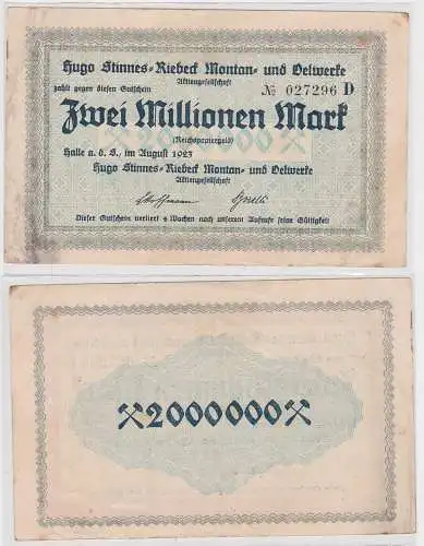 2 Millionen Mark Banknote Halle Hugo Stinnes Riebeck Montan 1923 (144886)