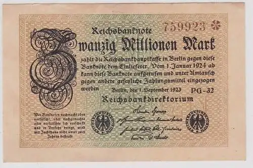 20 Millionen Mark Banknote Berlin 1.9.1923 Rosenberg 107 g (140103)