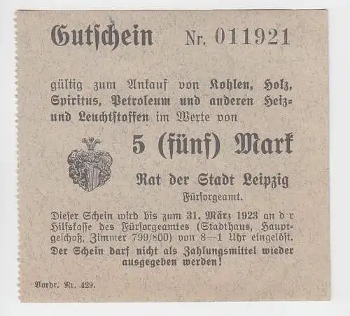 5 Mark Kohle Holz Gutschein Stadt Leipzig 31.März 1923 (120607)