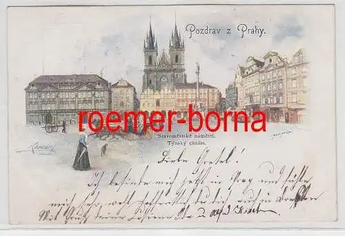 47869 Ak Lithografie Prag Pozdrav z Prahy Staromestske namesti Tynsky Chram 1909