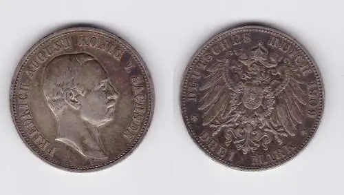 3 Mark Silbermünze Sachsen König Friedrich August 1909 Jäger 135 (119460)