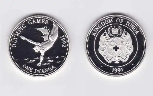 1 Pa´anga Silber Münze Tonga Olympia Barcelona 1992, Turmspringer 1991 (119683)